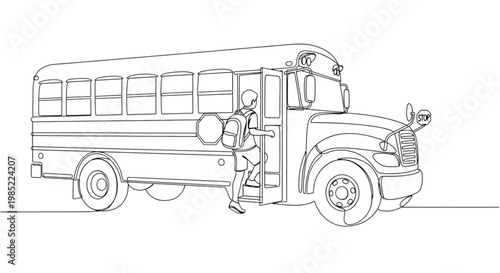 Line drawing of a person exiting a school bus with a backpack  