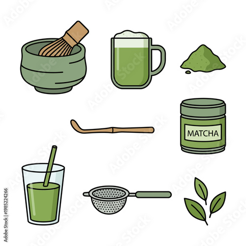 Matcha Tea Icons and Preparation Set