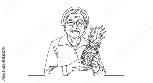Elderly woman holding pineapple while smiling in outline illustration  