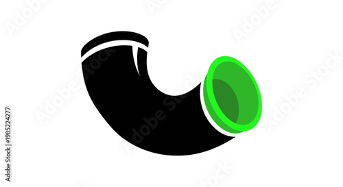 Black curved pipe with green opening, isolated on white background, plumbing concept