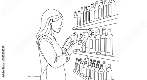 Woman examining bottles on shelf in minimalist grocery store  