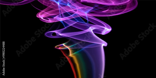 Smooth waves of colorful blue and purple smoke swirl in a graceful motion pattern against a black background to create an abstract art design with a flowing light effect