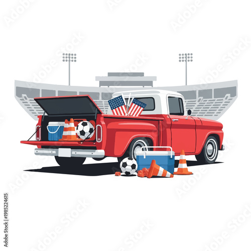 A classic pickup truck with an open tailgate parked in a stadium lot, filled with soccer balls, cones, and a cooler, representing American pre-game culture. minimalist flat vector artwork,