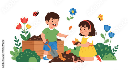 A young boy and girl engage in gardening activities, learning about composting while surrounded by colorful flowers and friendly insects.