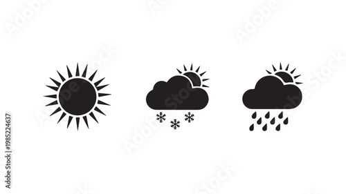 Weather forecast icons for sunny, snowy, and rainy conditions