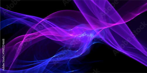 Smooth purple and blue smoke waves swirl in a flowing motion against a black backdrop, creating an abstract light pattern with elegant curves and a soft incense texture for a modern art design