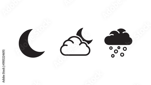 Weather forecast icons for moon, wind, and rainy cloud conditions