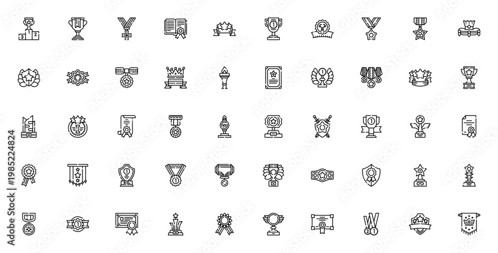 Fototapeta premium Reward and Badges icon set. Vector trophy collection. Includes podium, cup, medal, crown, shield, certificate, ribbon, award and more. Editable line icons.