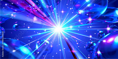 A glowing blue fiber optics design with bright star bursts and laser light spots creates an abstract space explosion of energy across a festive night sky background