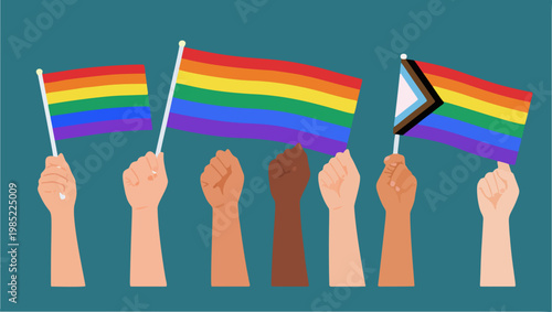 Diverse Hands Holding Rainbow LGBTQ Pride Flags