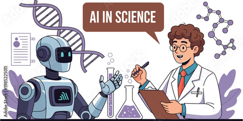 Scientist and robot collaborating on AI science project together