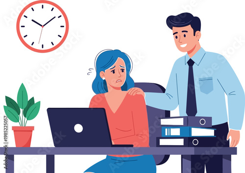 Businessman comforting stressed coworker at office desk with laptop