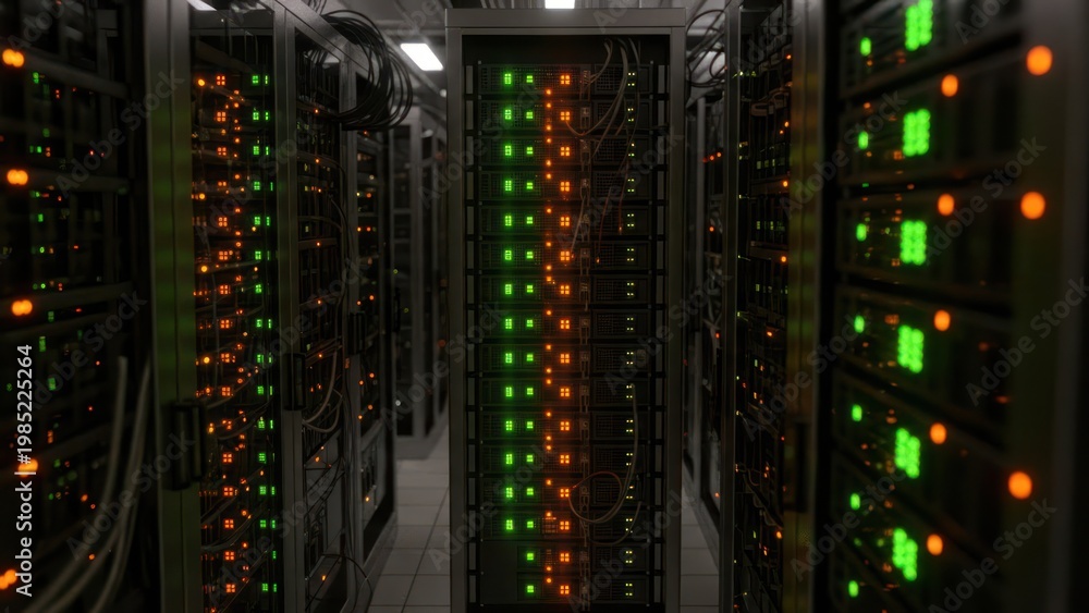 Naklejka premium Server room with lit panels.