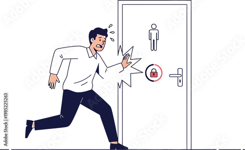 Man rushing to locked public restroom door in urgency
