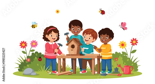 Four diverse children collaborate in a vibrant garden to build a wooden birdhouse, surrounded by colorful flowers, gardening tools, and insects.