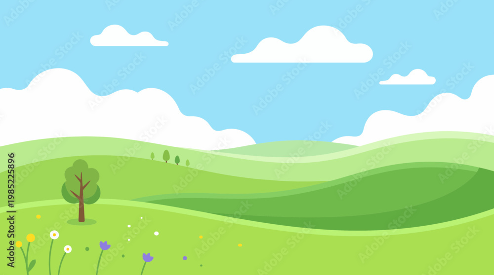 Fototapeta premium Minimal countryside hills illustration with layered green terrain