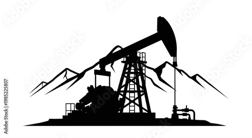 Oil Pump Jack Silhouette with Mountain Background