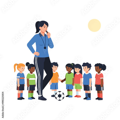 A female coach with a whistle training a diverse group of multi-ethnic children on a public park soccer field, bright morning sun, inclusive and educational spirit, minimalist flat vector