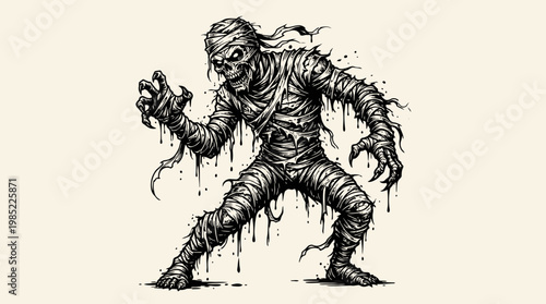 Ferocious mummy creature with bandages claws and terrifying face