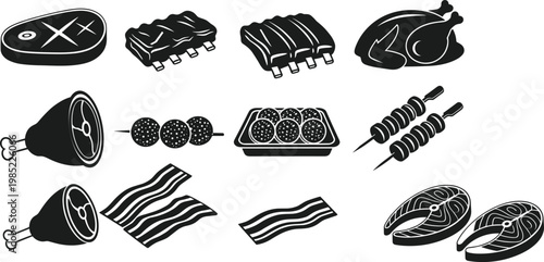 Vector collection of minimalist black and white icons featuring various meat products like steak ribs chicken bacon meatballs and salmon fish isolated on white