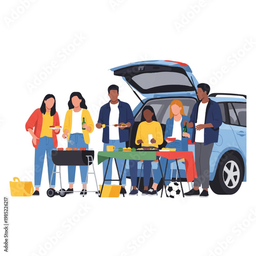 A diverse group of young adults having a tailgate party in a parking lot, grilling food next to an open car trunk with a soccer ball on the ground, bright daylight, minimalist flat vector