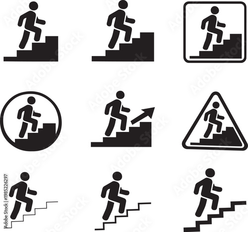 Man Climbing Stairs Icon Set – Walking Up Staircase Symbol, Upward Movement Vector Illustration