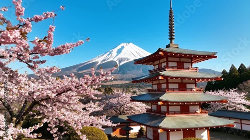 Tranquil Japanese Pagoda Framed by Pink Cherry Blossoms with Snowy Mountain Backdrop