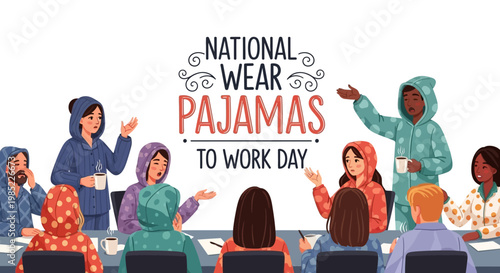 Illustrative vector art for National Wear Pajamas to Work Day featuring diverse people at a conference table in sleepwear, conveying a relaxed dress code against a clean white background