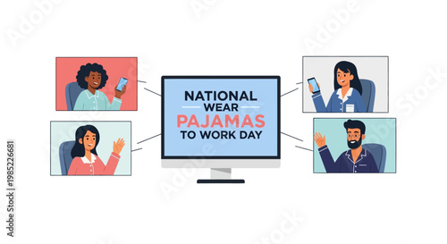 On National Wear Pajamas to Work Day, a vector illustration depicts a diverse group of professionals in sleepwear cheerfully video conferencing on a desktop computer