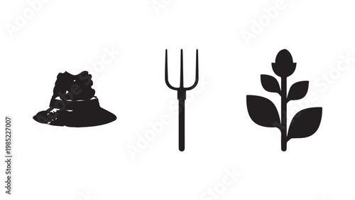 Black silhouettes of witch hat, pitchfork, and plant on white
