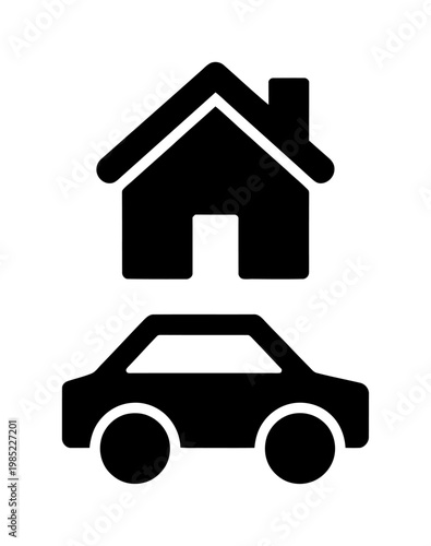 Simple icon vector depicting a house and a car in black silhouette style