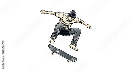 Young man performing skateboard trick mid-air, isolated on white