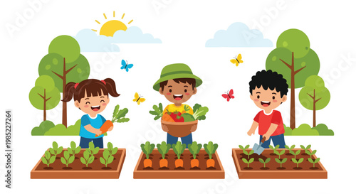 Three happy children are working in a vegetable garden, harvesting carrots and planting new seedlings under a bright sun.