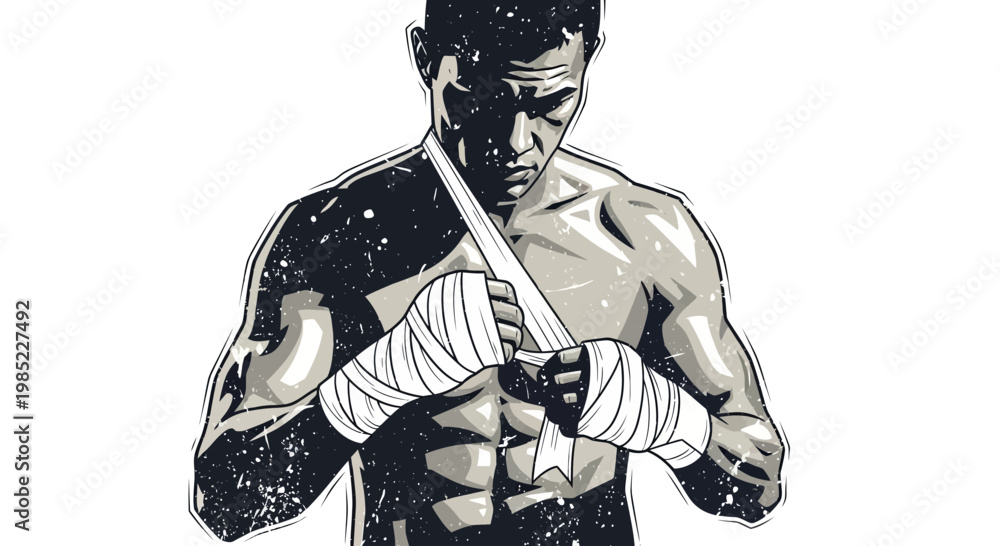 Obraz premium Boxer wrapping hands, intense focus, monochrome sketch style