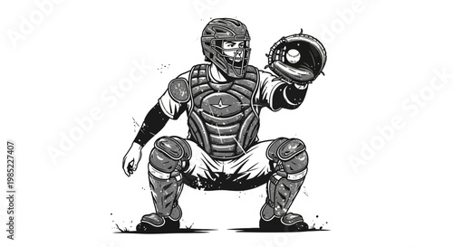 Baseball catcher in protective gear, ready to catch ball, illustration