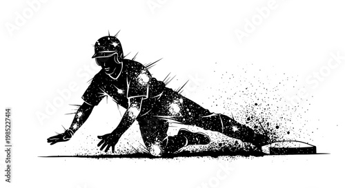 Baseball player sliding into base, dynamic black and white illustration