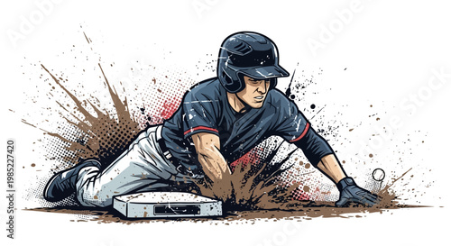 Baseball player sliding into home plate with dirt splash effect