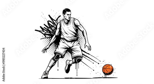 Basketball player dribbling, dynamic illustration with graffiti elements