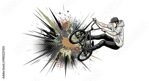 BMX rider performing a trick with abstract explosion background