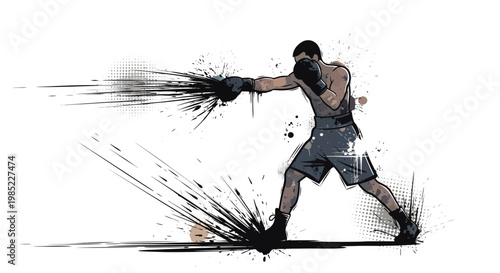 Boxer punching with abstract splash effect, dynamic action, isolated on white