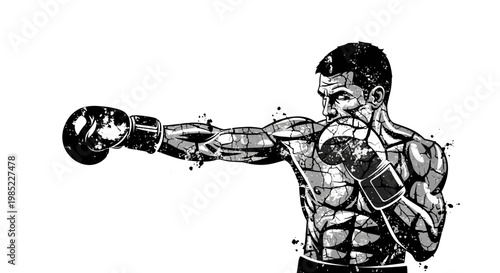 Boxer throwing a punch, dynamic illustration, black and white.