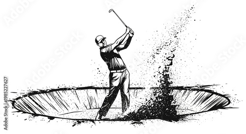Golfer hitting ball out of sand trap with dramatic explosion of sand