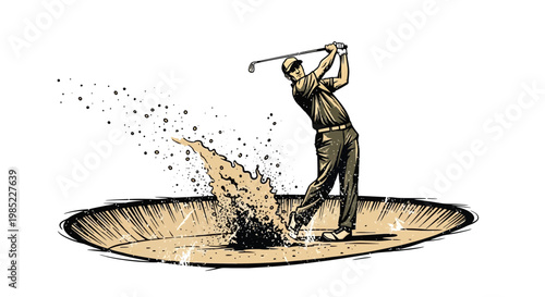Golfer hitting ball out of sand trap, sand flying, action shot