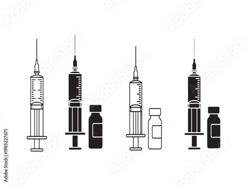Medical syringes and vials a black and white illustration of injection tools