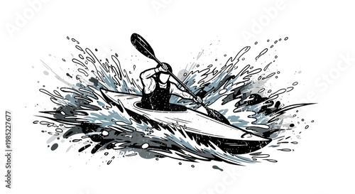 Kayaker paddling through splashing water, dynamic illustration