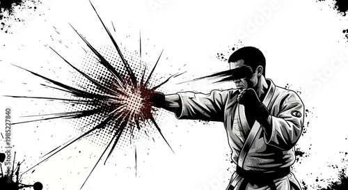 Martial artist delivering a powerful punch with explosive effect
