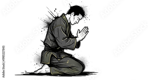 Martial artist bowing respectfully in traditional gi, white background, stylized ink splash
