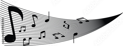 Curved Musical Staff With Flowing Black Notes Representing Melody, Rhythm and Sound Movement