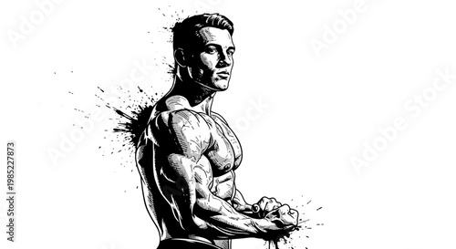 Muscular man flexing arm, black and white, stylized ink splash effect