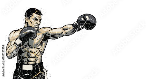 Muscular Boxer Punching, Dynamic Pose, White Background, Comic Style